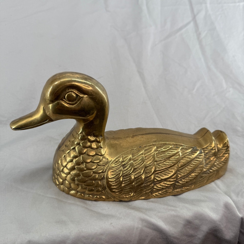 Vintage Solid Brass Duck Figurine Mallard Bird Paperweight Mid Century Decor